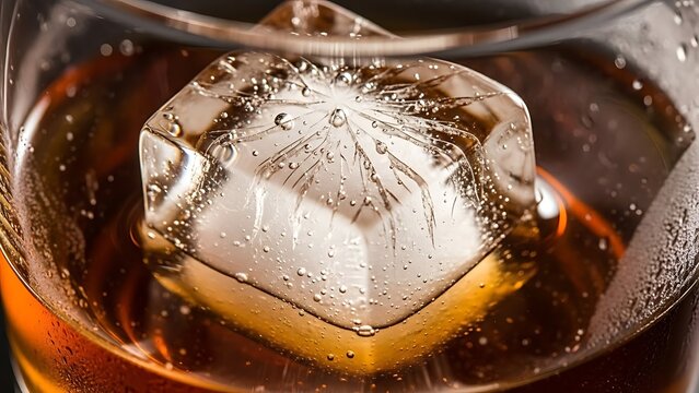 Close up of a large ice cube in a glass of amber liquid.
