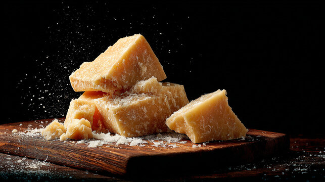 Chunks of parmesan cheese on a wooden cutting board with powdered cheese
