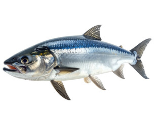 A silvery, streamlined fish with detailed scales, fins, and eyes, isolated on a black background