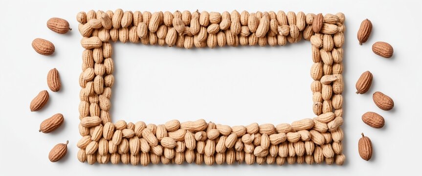 Peanuts on white. Frame form copy space. Top view flat lay
