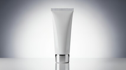 Minimalist white cosmetic tube mockup standing upright on reflective surface, elegant skincare product showcase, clean modern layout