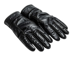 Pair of black leather gloves with stitching and adjustable straps on a transparent background