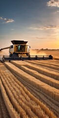 Fototapeta premium Combine harvester harvests wheat in field.