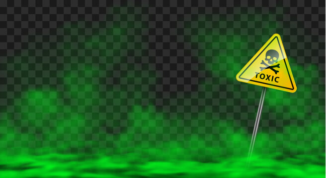 Yellow triangular warning sign with skull and crossbones indicating toxic danger, standing in green toxic smoke or gas with a transparent background