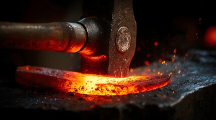 Close up of blacksmith forging hot metal.