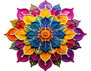 A vibrant, multi-layered, symmetrical floral design, showcasing a kaleidoscope of vivid colors