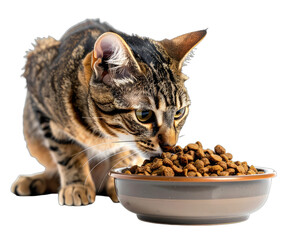 Tabby cat curiously eating dry kibble from a brown bowl, isolated on a solid black background