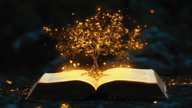 Footage A wooden tree sits atop an open book, representing knowledge and growth