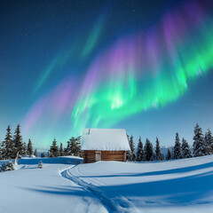 Cozy wooden hut in snowy mountains under incredible Northern lights in starry sky. Christmas...