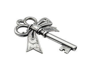 A close-up view of a silver-colored antique skeleton key with intricate bow details