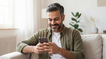 Joyful Man Using Mobile Phone on Sofa at Home