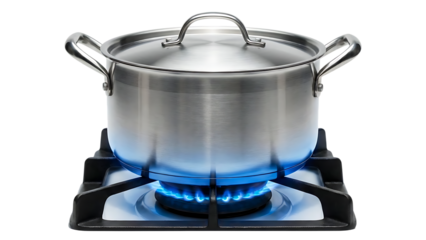 Stainless Steel Cooking Pot on Gas Stove Burner with Blue Flame