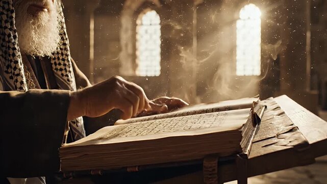 An elderly bearded scholar wearing traditional religious clothing carefully turns the brittle pages of an ancient manuscript placed on a wooden lectern inside a dimly lit historical mosque,.