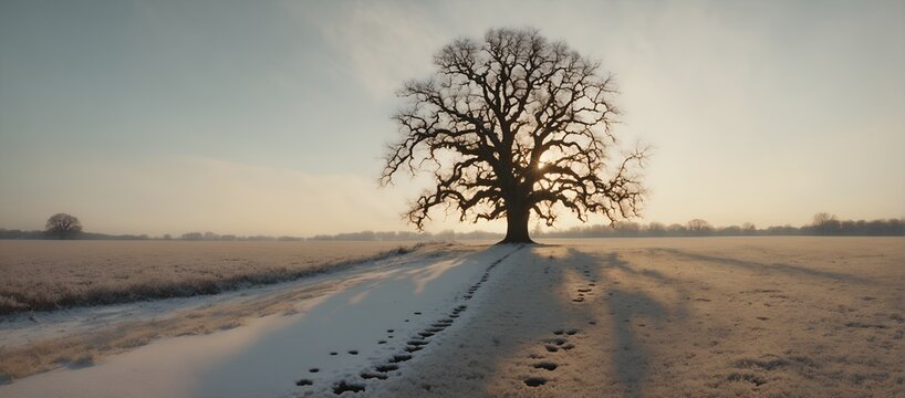 Landscape with old oak tree and path trail in snow covered field.