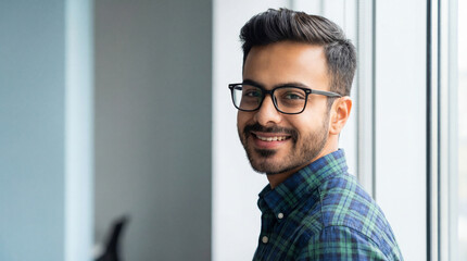 Smiling young Indian man wearing glasses looks back confidently