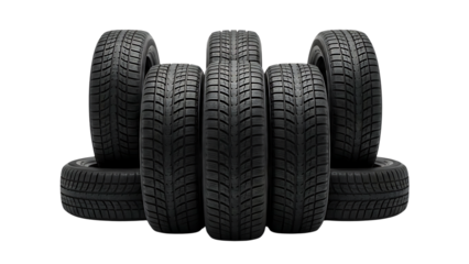 Stack of Six Black Rubber Car Tires Product Shot