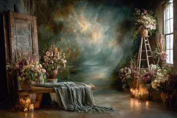 A dreamy and romantic photo studio backdrop featuring large bouquets of pastel and deep-toned flowers, a rustic wooden bench draped in flowing grey-green fabric, and scattered glowing candles.