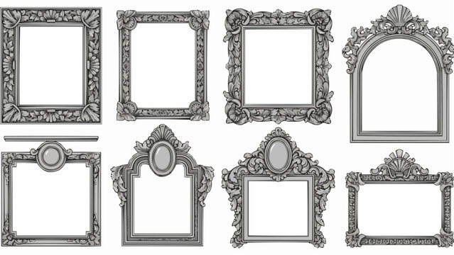 An assortment of ornate silver picture frames in various shapes and sizes are displayed against a white backdrop