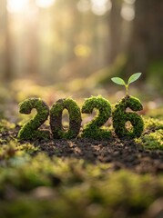 Moss Numbers Forming 2026 With Seedling, Forest Floor In Soft Light, Sustainable Growth And Future Renewal Concept