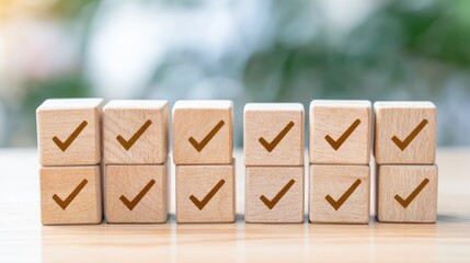 Wooden Checkmark Blocks Representing Quality Control and Approval