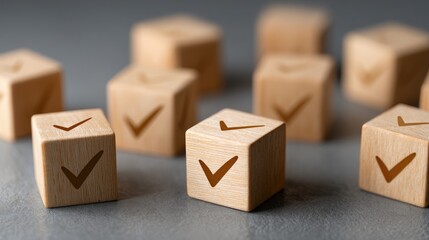 Scattered Wooden Checkmark Cubes Symbolizing Evaluation and Selection