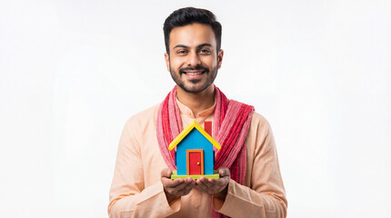 Young Indian Man Holding Colorful Toy House, Symbolizing Home Dreams