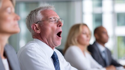 Tired Businessman Yawning During Office Meeting