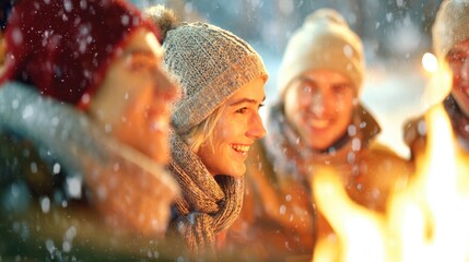 Friends Enjoying Winter Evening Around Campfire