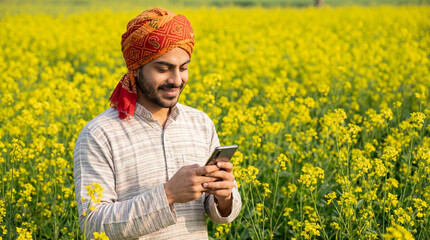 Happy Indian Farmer Texting in Vibrant Yellow Mustard Field