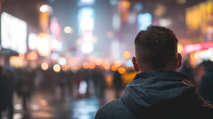 Lonely Man Standing in Busy Night City with Neon Lights and Blurred Crowd