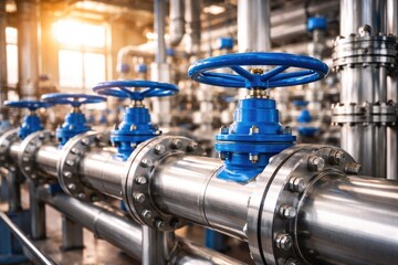 Industrial Stainless Steel Pipeline with Blue Valves