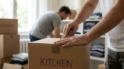Man sealing moving box labeled kitchen, home relocation packing activity indoors, moving preparation and organization concept