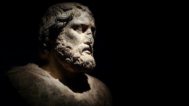 Ancient Stone Bust of Bearded Man in Darkness.