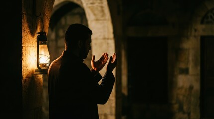 Muslim man praying with raised hands in stone corridor, night lantern light setting, spiritual devotion concept