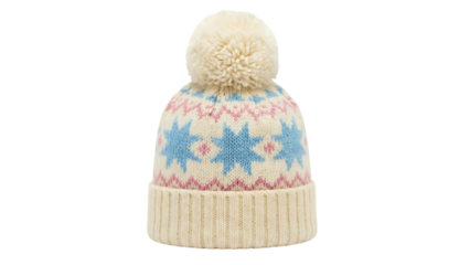 Cream Knitted Pom Pom Beanie Hat with Blue and Pink Star Pattern Product Shot