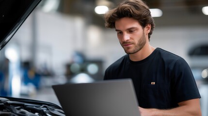 Inside a modern workshop, an auto mechanic connects vehicle systems and uses a laptop for an advanced diagnostics test, supporting accurate troubleshooting and efficient repairs. cinematic color