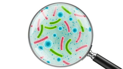 Magnifying Glass Examining Colorful Bacteria and Germs on White Background