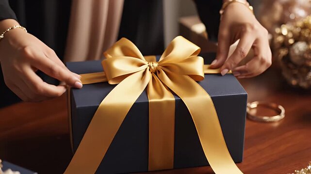 Person wrapping a gift box with a gold ribbon on a wooden table.