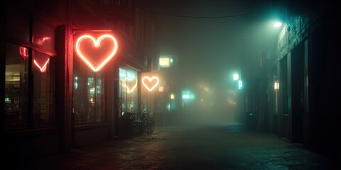 Neon Heart Signs Glowing, Foggy Night Street with Urban Lights, Love and Atmospheric Romance Concept