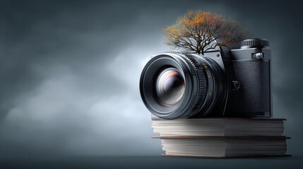 A camera is placed on top of a stack of books. The camera is surrounded by a tree, which is also on top of the books. The scene gives off a sense of creativity and imagination, as the camera