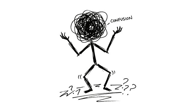 Confused stick figure character with messy hair expressing confusion  