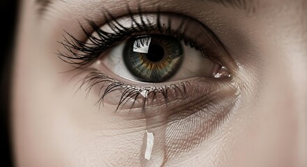 Close up macro crying eye with tear drop running down, emotional crying eye looking sad with detailed lashes, realistic crying eye sadness concept.