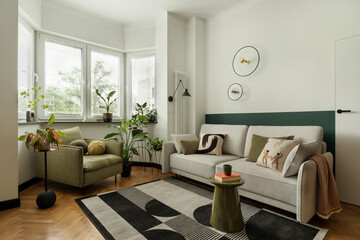 Obraz premium Calm Modern Living Room with Plants and Neutral Tones