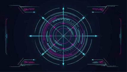 A futuristic digital interface with a central targeting reticle featuring circular and linear neon light elements