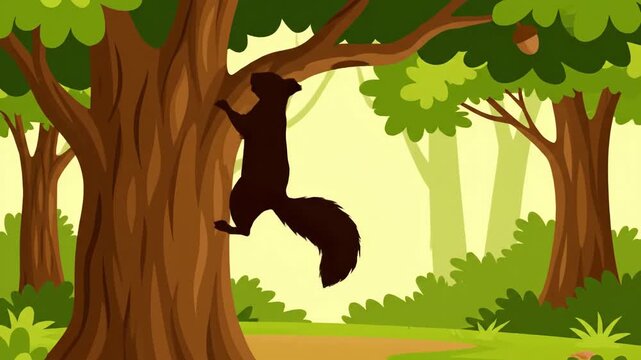 Animated Silhouette Squirrel Climbing Tree in Forest Woods Scene