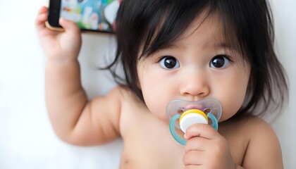 Professional studio photo of a little girl with natural black hair and almond-shaped black eyes, holding a pacifier in one hand and a mobile phone in the other. Subtle artistic style