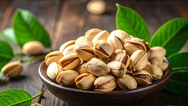 Close-up of Pistachios in Bowl with Green Leaves