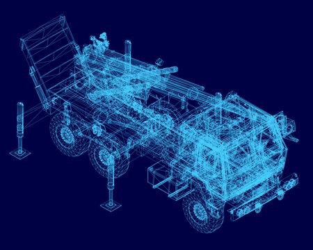 A military rocket launcher truck blueprint in detailed 3D wireframe, isolated on a solid blue background for technical presentations.