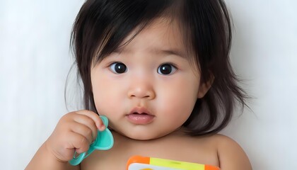 Professional studio photo of a little girl with natural black hair and almond-shaped black eyes, holding a pacifier in one hand and a mobile phone in the other. Subtle artistic style