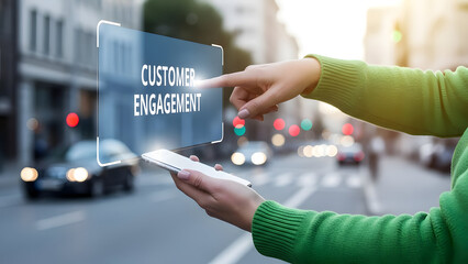 Customer Engagement Concept with Person Holding Smartphone and Tapping on Transparent Screen Displaying Text in Urban City Background with Blurred Traffic Lights and Buildings